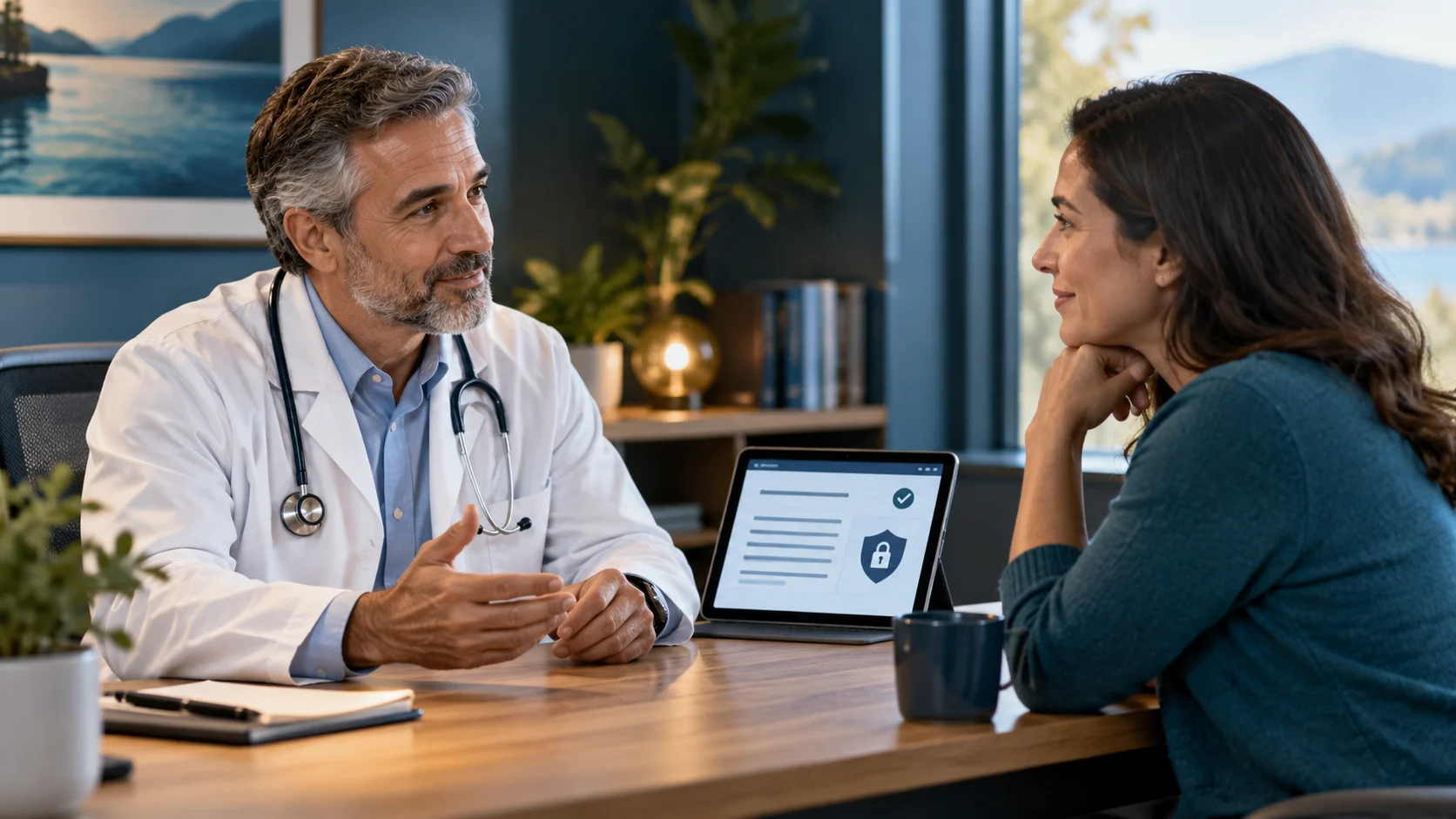 Médico conversando con una paciente mientras un sistema de inteligencia artificial prepara un borrador de la consulta para su revisión