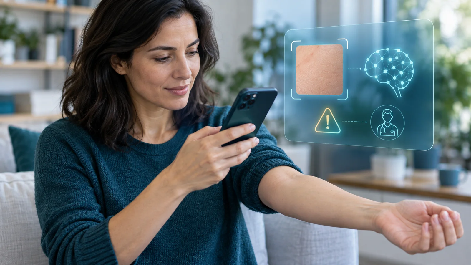 Persona utilizando una aplicación de inteligencia artificial para analizar una fotografía de su piel con indicación de verificación profesional