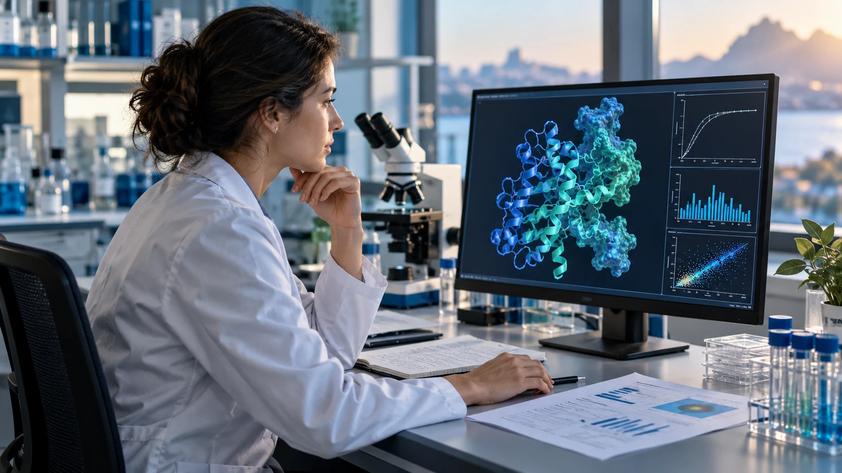 Investigadora comparando una predicción molecular generada con inteligencia artificial con resultados de laboratorio