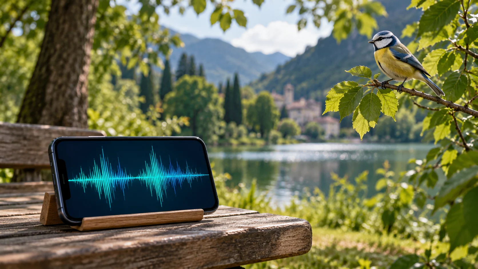 Teléfono registrando sonidos en un parque para ayudar a identificar aves mediante inteligencia artificial
