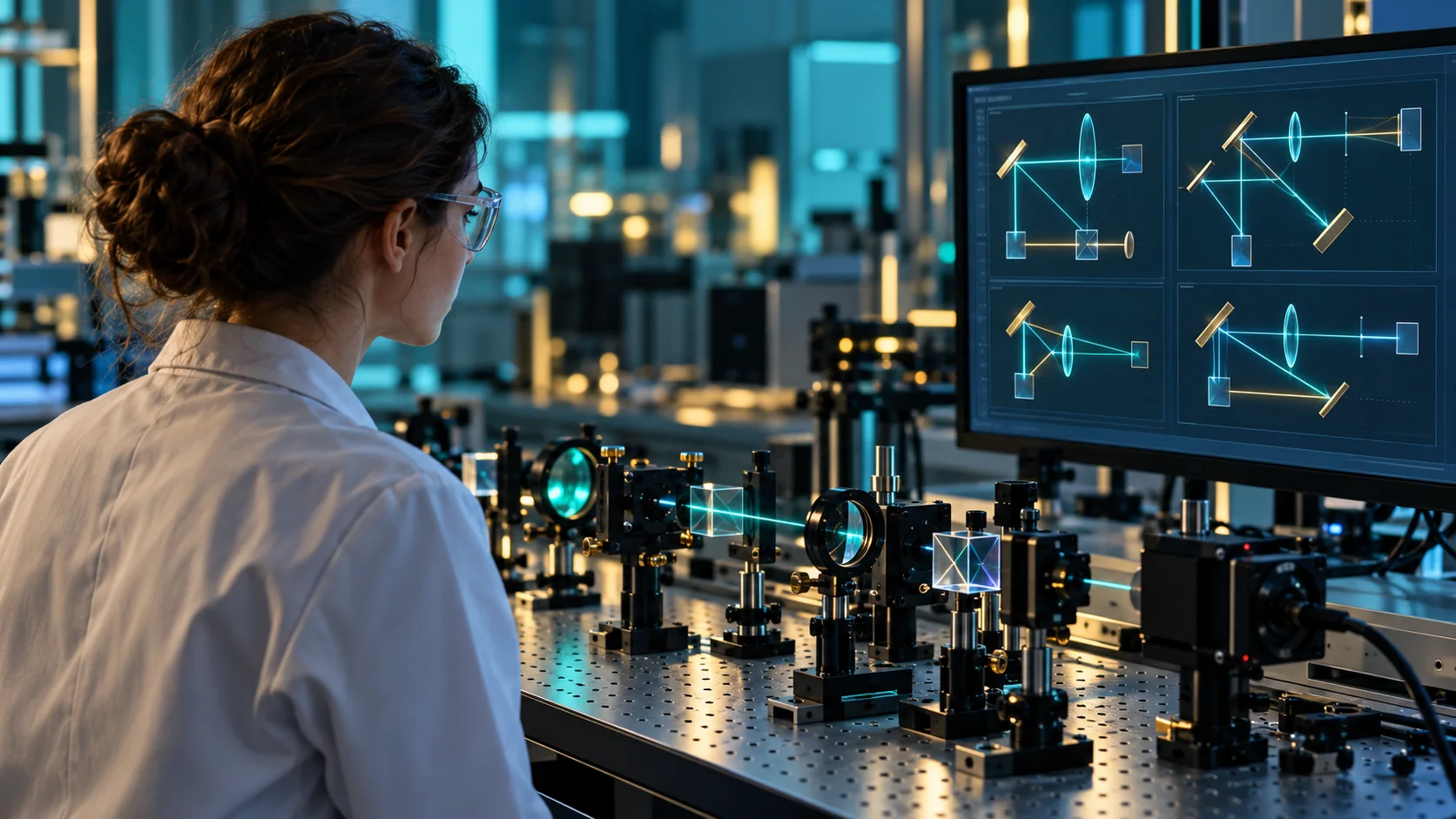 Investigadora revisando posibles configuraciones de un experimento físico propuestas mediante inteligencia artificial
