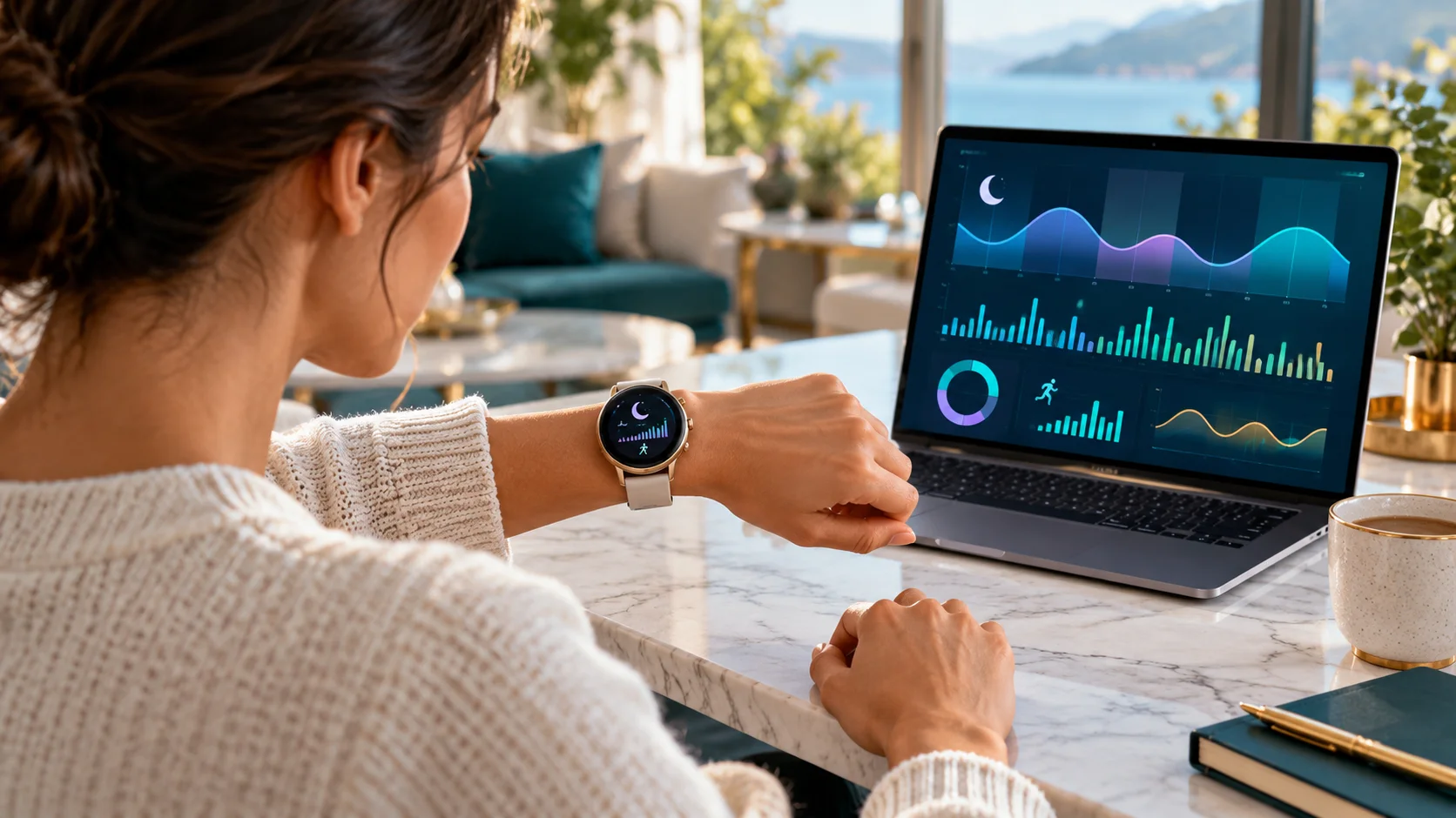 Persona revisando datos de sueño y actividad de un reloj inteligente con ayuda de una aplicación de inteligencia artificial