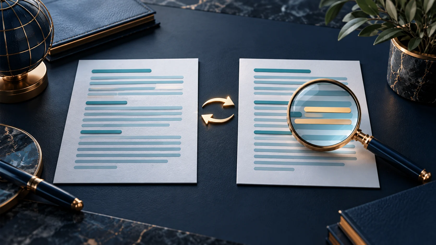 Dos documentos en distintos idiomas comparados con una lupa para revisar una traducción realizada con inteligencia artificial